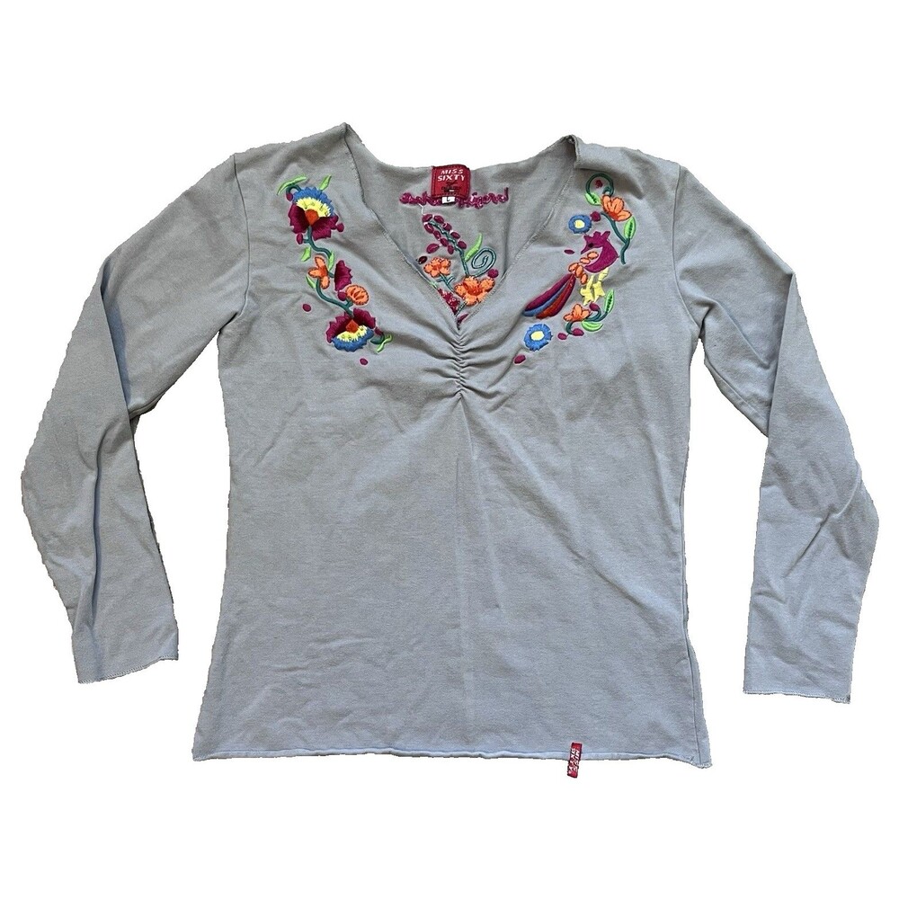 Miss Sixty Y2K Women’s Gray Long Sleeve Embroidered Top Size L Made in Italy
